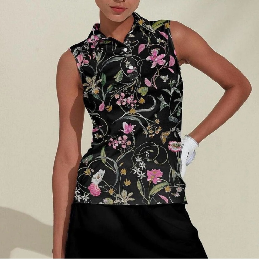 Botanical Energy Polo Top UPF50 Floral Sleeveless Top - Black and Pink Large NWT
